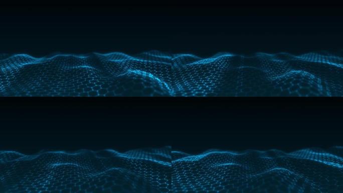 未来派六边形波。黑暗的网络空间。带点和线的抽象波。蓝色背景上的白色移动粒子。3d渲染。