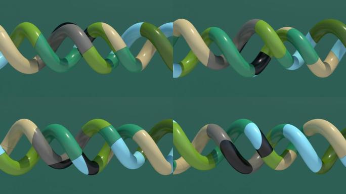 一组绿色，蓝色，黑色，米色螺旋。抽象动画，3d渲染。