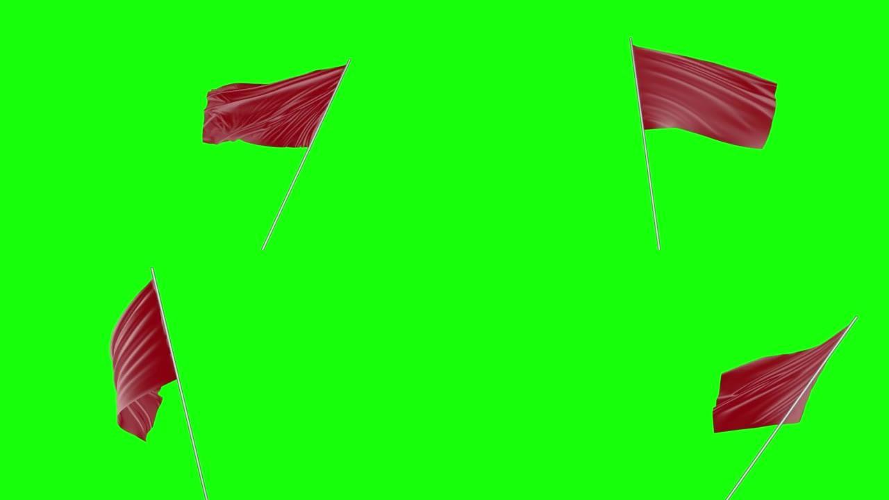 手持挥舞的空和空白红旗与绿幕背景3d建模和动画循环- Cgi空和空白红旗正在挥舞的旗帜在绿幕背景Ch