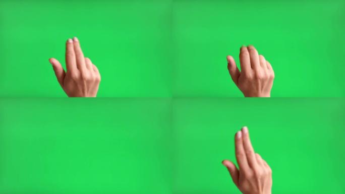 手势包。女性手触摸、点击和在chromakey绿色屏幕上滑动。放大，缩小。特写。4k素材包。用于智能