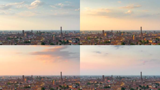 日夜延时，博洛尼亚城市上空移动云层的日落场景，意大利博洛尼亚的两座塔地标
