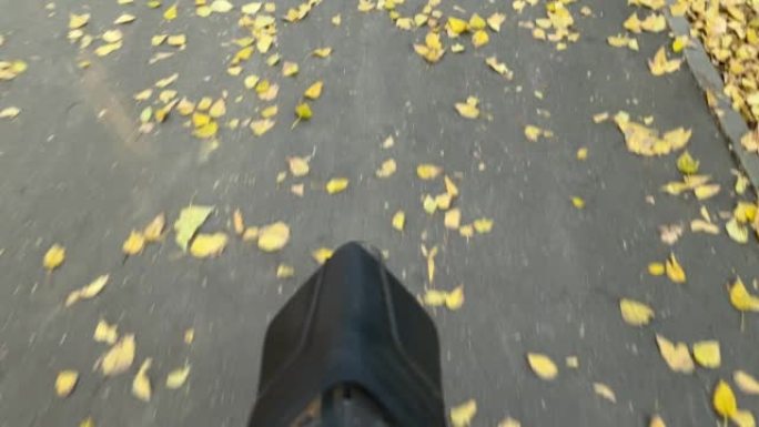 自行车车轮在秋天落叶的道路上骑行。选择性聚焦