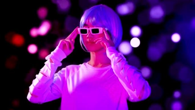 年轻的亚洲女子穿着白色衬衫和3d眼镜在运动3d背景上。4k视频Metaverse概念亚洲女孩未来风格