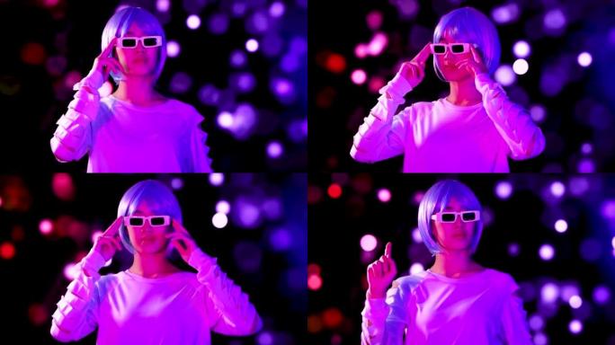 年轻的亚洲女子穿着白色衬衫和3d眼镜在运动3d背景上。4k视频Metaverse概念亚洲女孩未来风格
