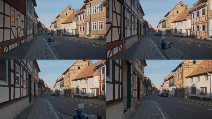 摄影机:德国的中世纪小镇布莱希罗德。古老的城市街道。