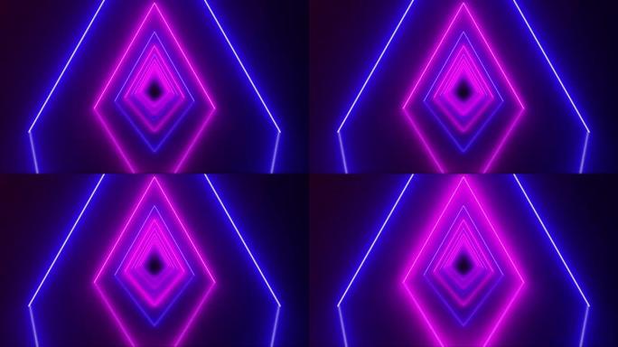 通过发光的旋转霓虹灯飞行创造一个隧道，蓝色红色粉色光谱，荧光紫外线，现代七彩照明，可循环的4k动画