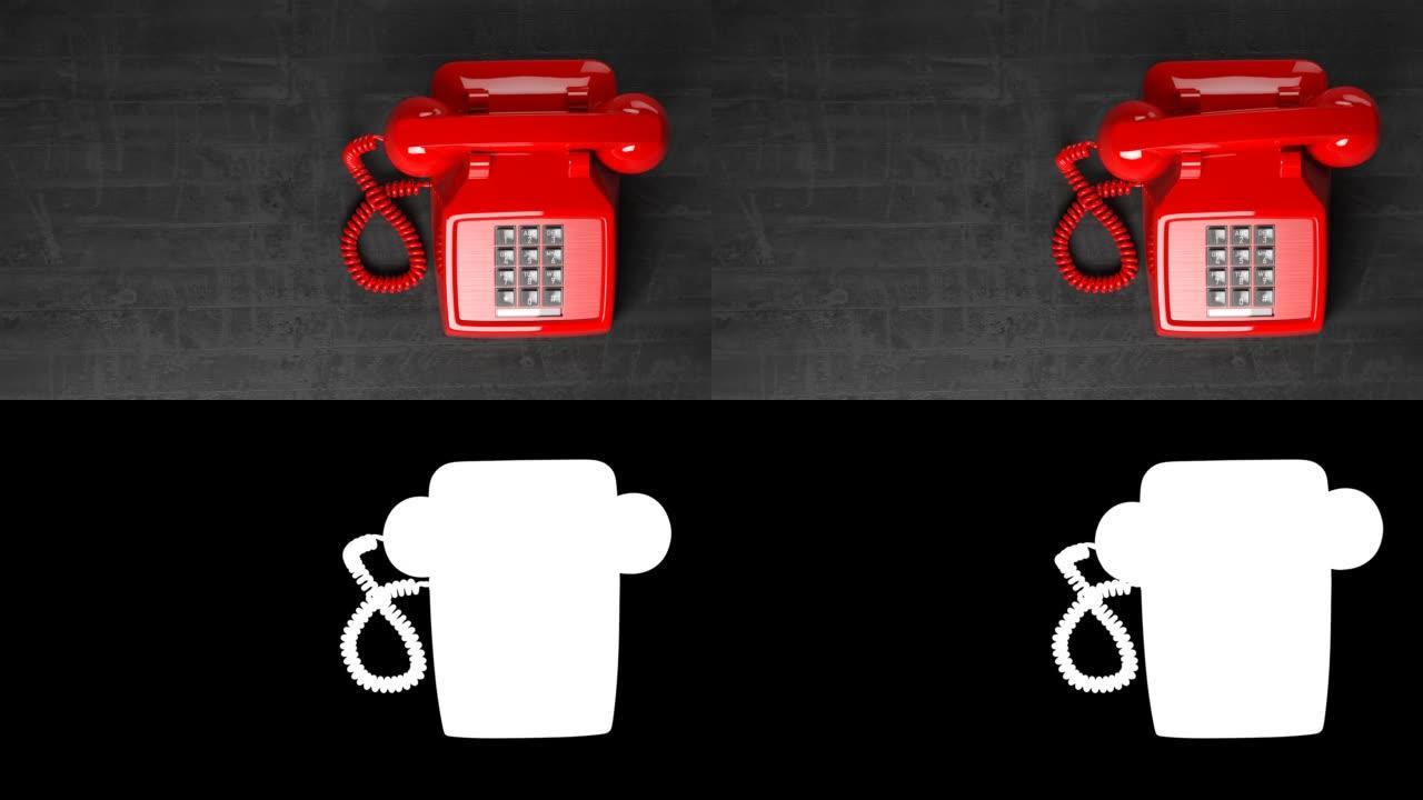 红色复古复古电话在durty桌子上响起。阿尔法通道。3d视频动画