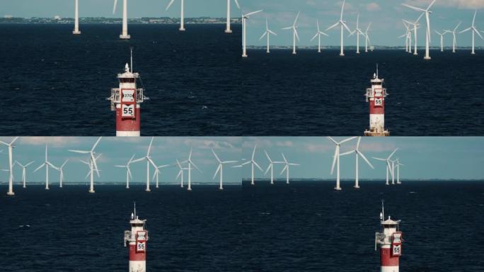 一排风力涡轮机在海上