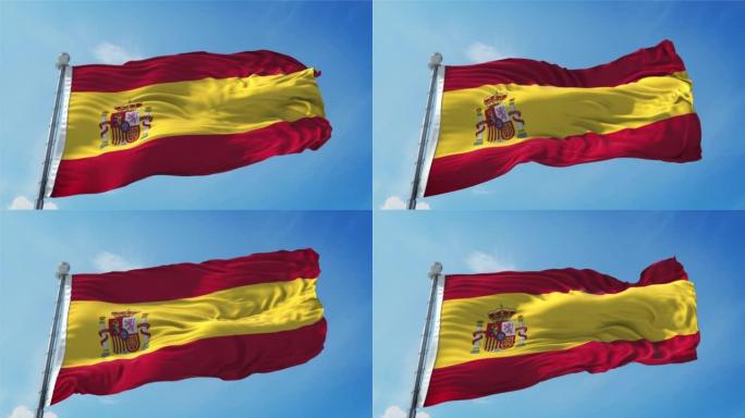 西班牙国旗循环。现实的4 k。30帧/秒的西班牙国旗。西班牙国旗在风中飘扬。无缝环与高度详细的织物纹