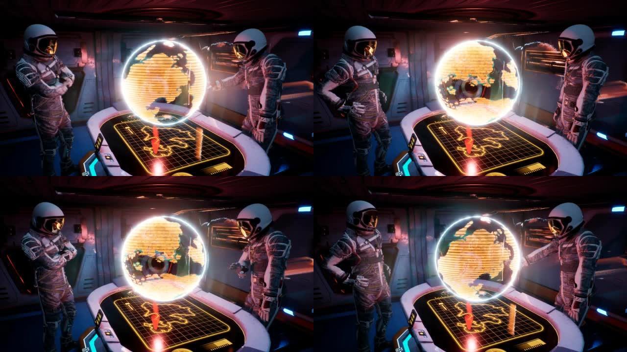 航天器控制室中的宇航员为其飞船选择着陆点。宇航员旅行者的概念。循环动画非常适合空间和科幻背景。