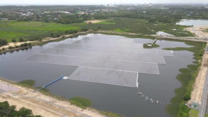 鸟瞰图浮动太阳能电池发电厂用太阳能电池在湖上发电