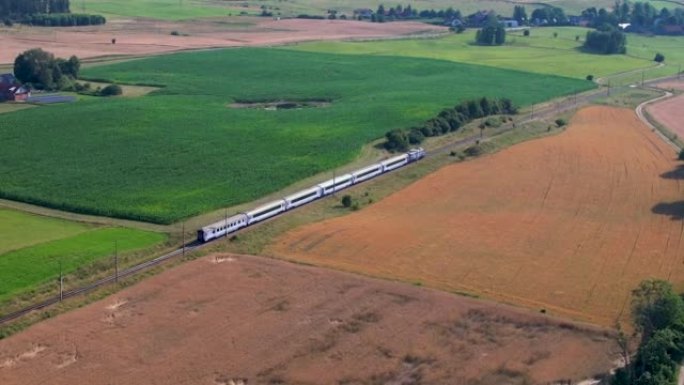 铁路上的蓝色火车。波兰公共交通基础设施的旅客列车鸟瞰图景观。客运电动火车穿过美丽的欧洲乡村的农田。