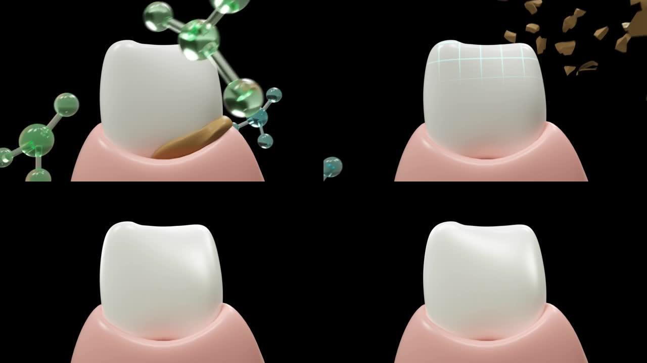草药牙膏，显示从牙膏或漱口水中去除牙垢，牙齿变白，牙齿变脏