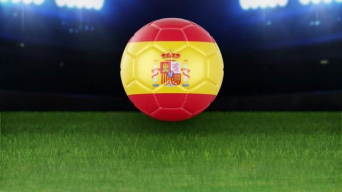 西班牙国旗足球，带灯跳入体育场。足球场和球，4k分辨率，循环-股票视频