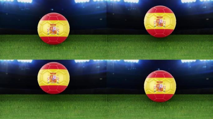 西班牙国旗足球，带灯跳入体育场。足球场和球，4k分辨率，循环-股票视频