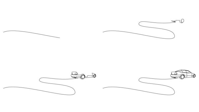 单线绘制运动型汽车的自画动画。赛车车辆运输概念。一条连续的线。