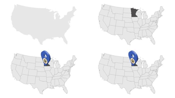 位置美国地图上的明尼苏达州。3d州明尼苏达州旗帜地图标记定位销。显示不同州的美国地图。动画地图美国各