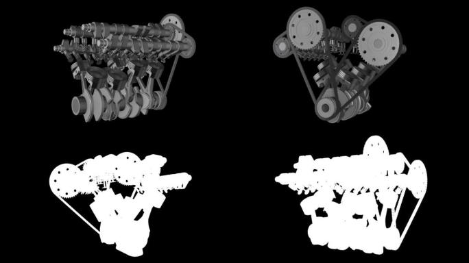 3D V8引擎动画。汽车发动机工作。阿尔法通道