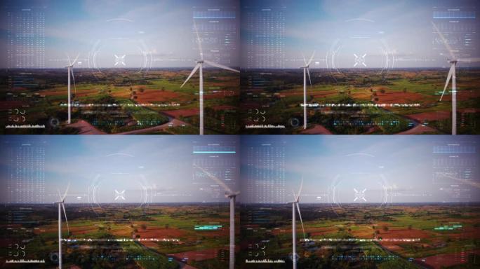 鸟瞰图无人机拍摄与抬头显示界面HUD，网络未来主义和技术概念，点和颗粒背景过程