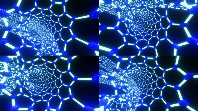 蓝色晶体原子晶格隧道的3d运动图形动画