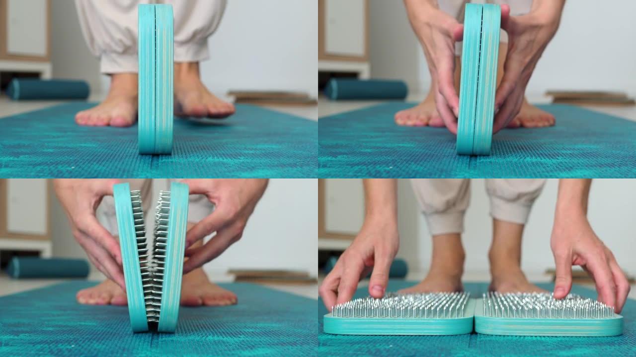 放下钉子。萨杜木制蓝板带指甲，女性脚踩锋利的指甲进行冥想，脚部放松，针灸工具。放松和协调练习