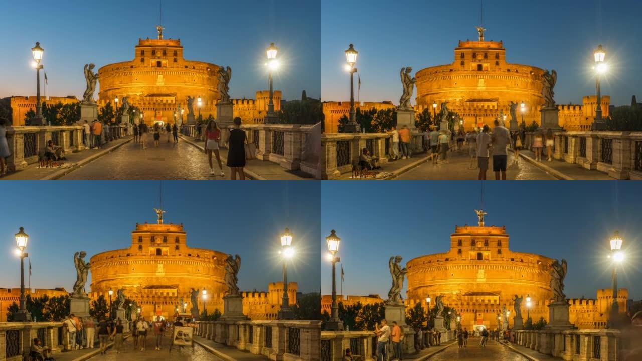 意大利罗马圣天使城堡桥前的人们走过的延时日落场景