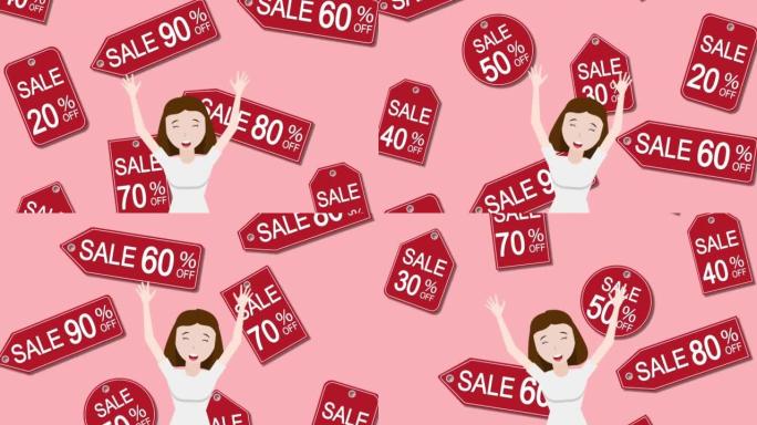 销售标签和不同销售百分比的标签从上面掉下来，女顾客感到高兴和兴奋。广告和营销。带有Alpha通道的插