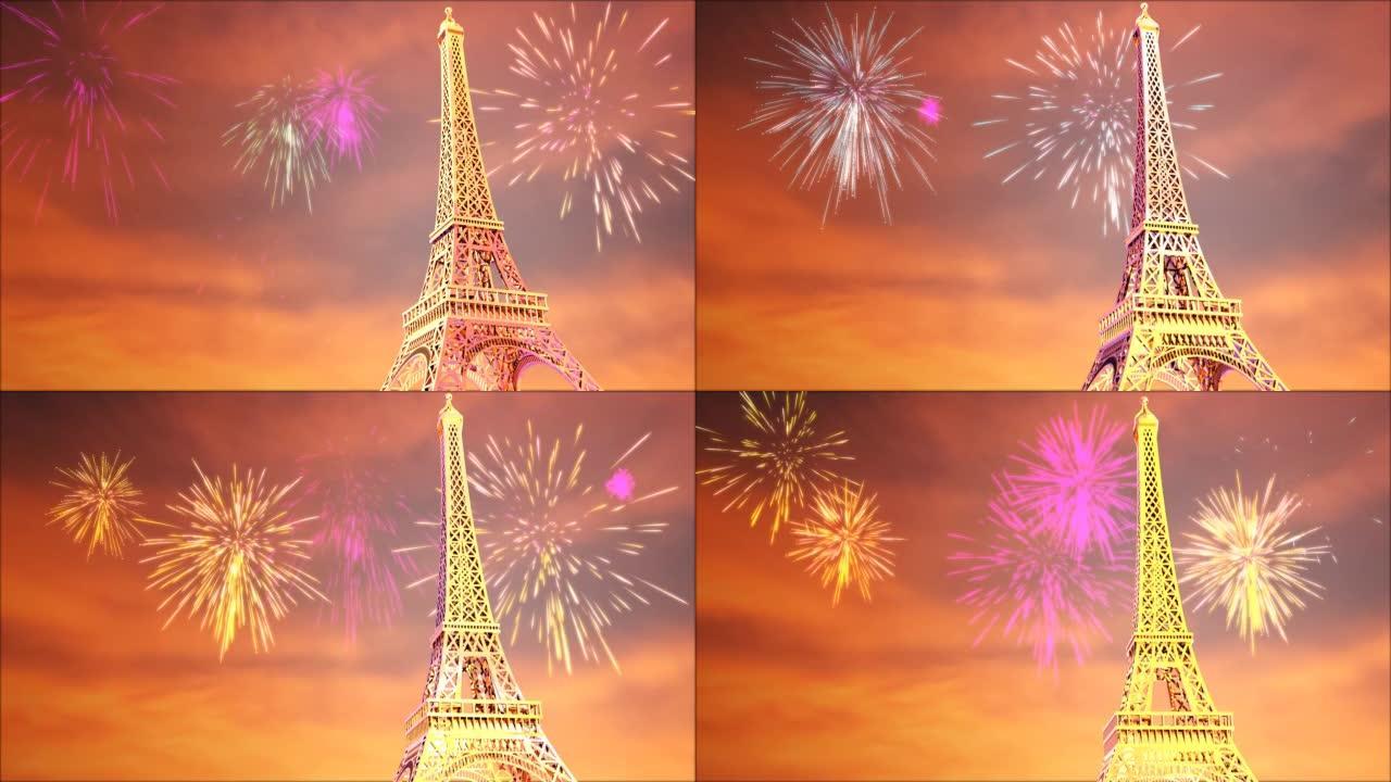 3D动画大型旅游埃菲尔与烟花爆炸在黄昏的天空背景。