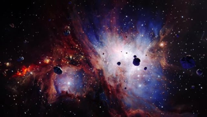 银河系太空飞行探索猎户座星云的太空岩石。4k循环动画，飞越发光的星云，云和星星场。