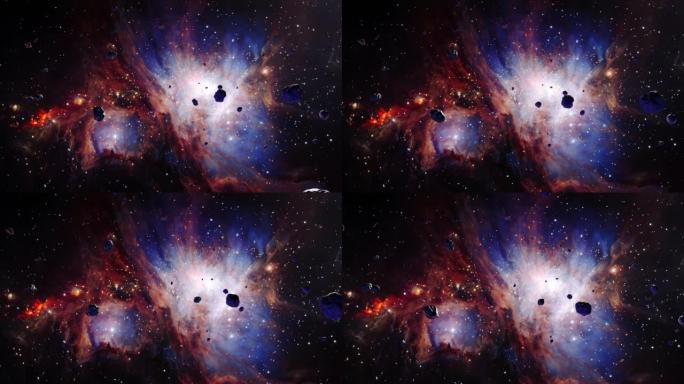银河系太空飞行探索猎户座星云的太空岩石。4k循环动画，飞越发光的星云，云和星星场。