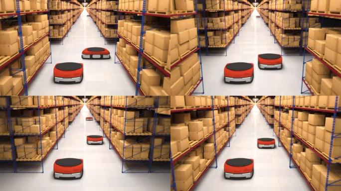 自动机器人移动货架与纸板箱在自动化仓库。无缝循环。未来概念的自动化仓库。逼真的高质量3d渲染动画