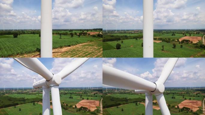 在木薯田，玉米田，甘蔗田安装的风力涡轮机。可再生能源概念。
