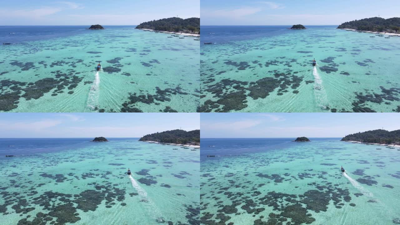 泰国南部利培岛游船航行时，清晰透明的海洋和珊瑚的鸟瞰图
