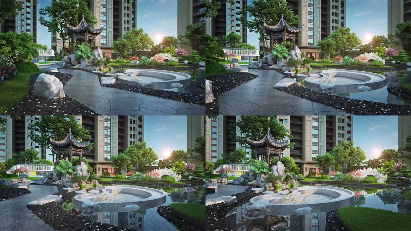 新中式住宅六角亭园林景观动画