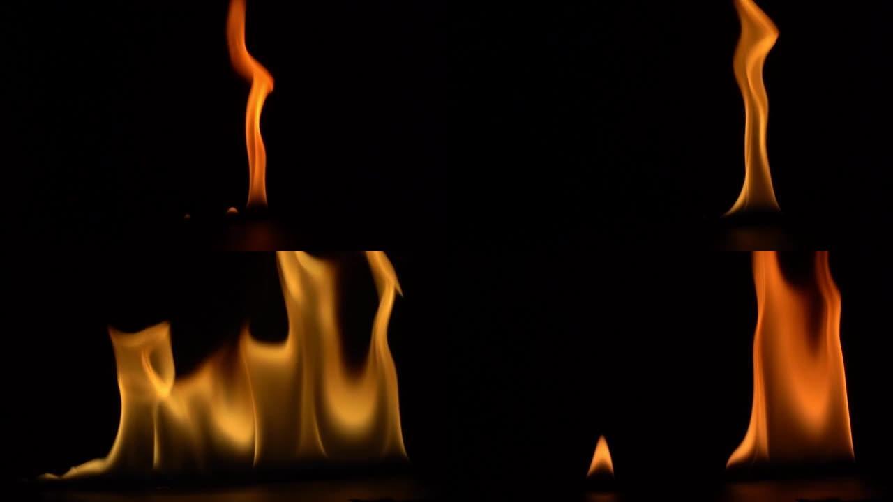火焰的燃烧力量，火焰和燃烧的火花特写，火的模式，黑暗中的火的光芒