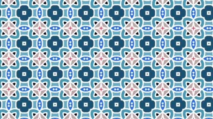 令人愉快的海蓝宝石中心瓷砖瓦动画。抽象图形背景，花卉几何无缝图案动画。部落民族阿拉伯印第安人装饰品。
