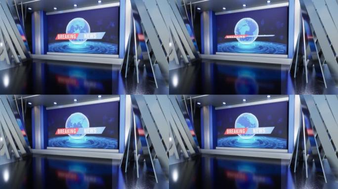 3D虚拟电视演播室新闻，电视节目的背景。墙上的电视。3d虚拟新闻工作室背景循环