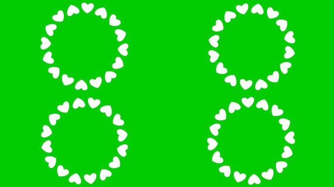 动画旋转白色心圆。循环视频。矢量插图孤立在绿色背景上。