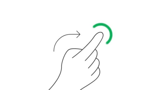 向右旋转并保持移动屏幕手势线艺术矢量动画。手按手机触摸屏按钮轮廓图标视频。一根手指轻弹运动图形