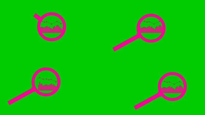 放大镜的动画粉色图标。数据图。放大镜的象征。分析的概念。循环视频。矢量插图孤立在绿色背景上。