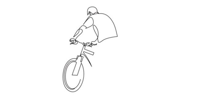 连续线画自行车骑手的自画动画。专业自行车手。在山上骑自行车。极限运动概念。