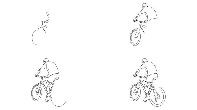 连续线画自行车骑手的自画动画。专业自行车手。在山上骑自行车。极限运动概念。