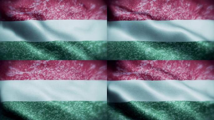4K暴风雪/雪在匈牙利国旗股票视频。冷淡的匈牙利国旗。旋转/旋转的冰晶。雪花掠过匈牙利国旗。