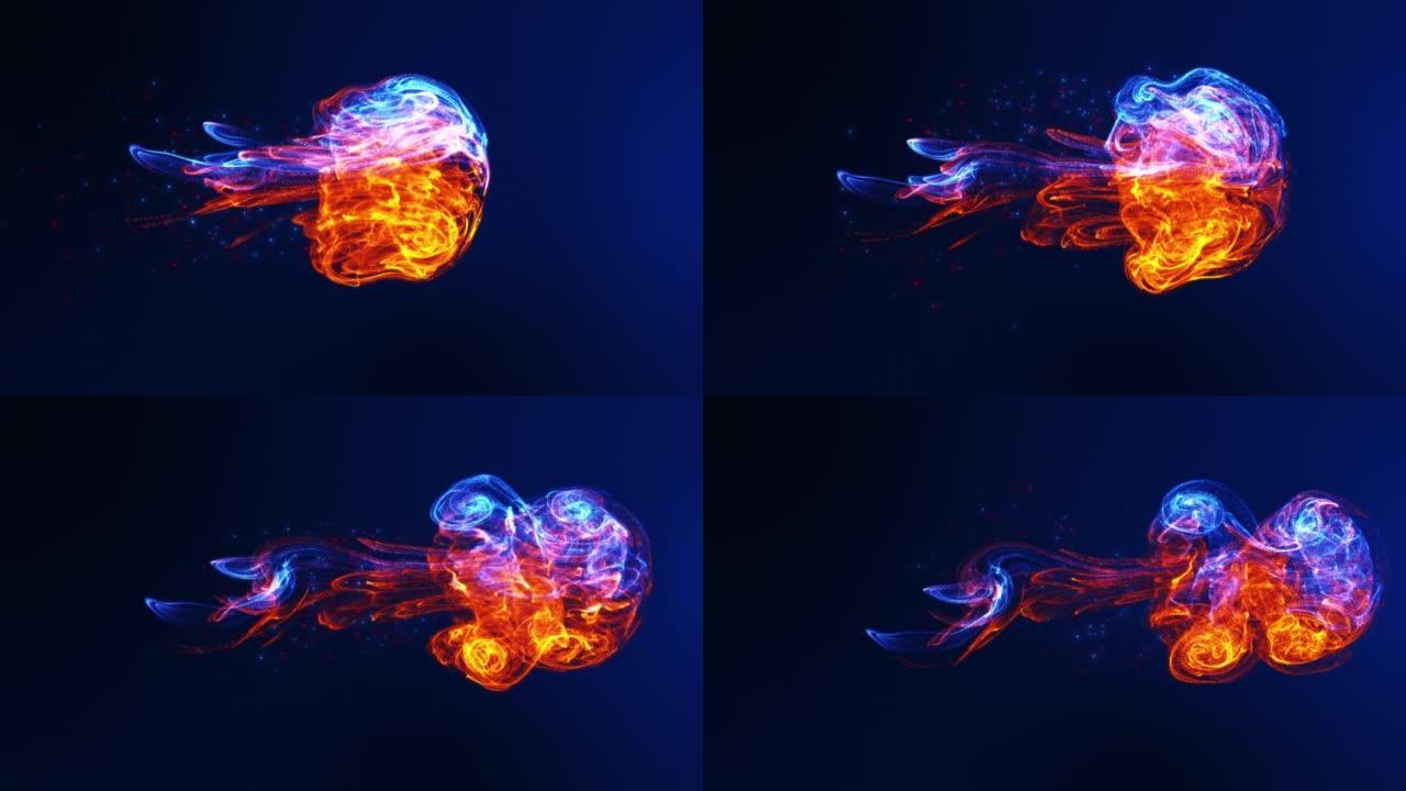 水母游动着，五颜六色的红色蓝色闪闪发光的颗粒在水中流动着光滑的墨水。