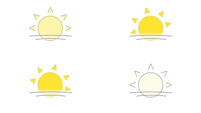 蓝天中的太阳线艺术矢量动画。阳光和云，天气预报，气象简单轮廓图标视频。炎热的夏天阳光明媚的日子阴，日