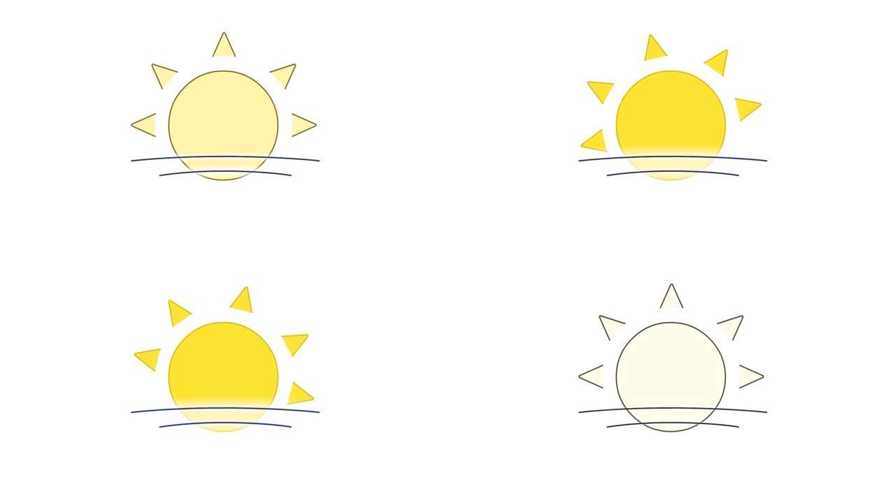 蓝天中的太阳线艺术矢量动画。阳光和云，天气预报，气象简单轮廓图标视频。炎热的夏天阳光明媚的日子阴，日
