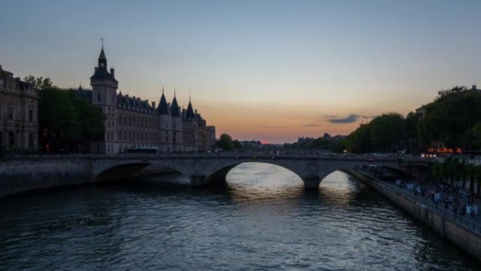 巴黎的Conciergerie，Pont au Change和塞纳河-白天到晚上-4k延时