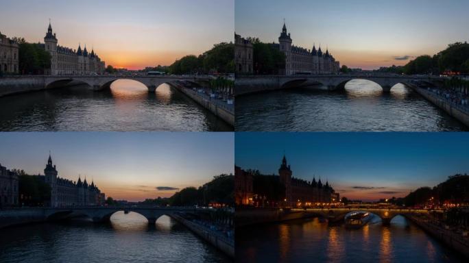 巴黎的Conciergerie，Pont au Change和塞纳河-白天到晚上-4k延时
