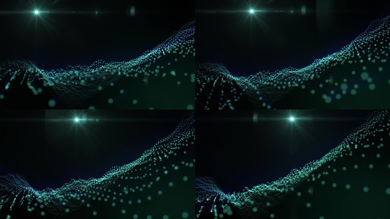 3D无缝动画作为黑暗背景上流动粒子的数字科幻背景，具有景深
