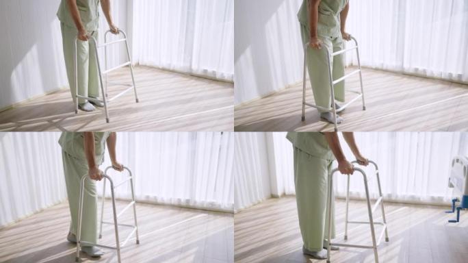 Caucasian senior patient takes his first steps wal